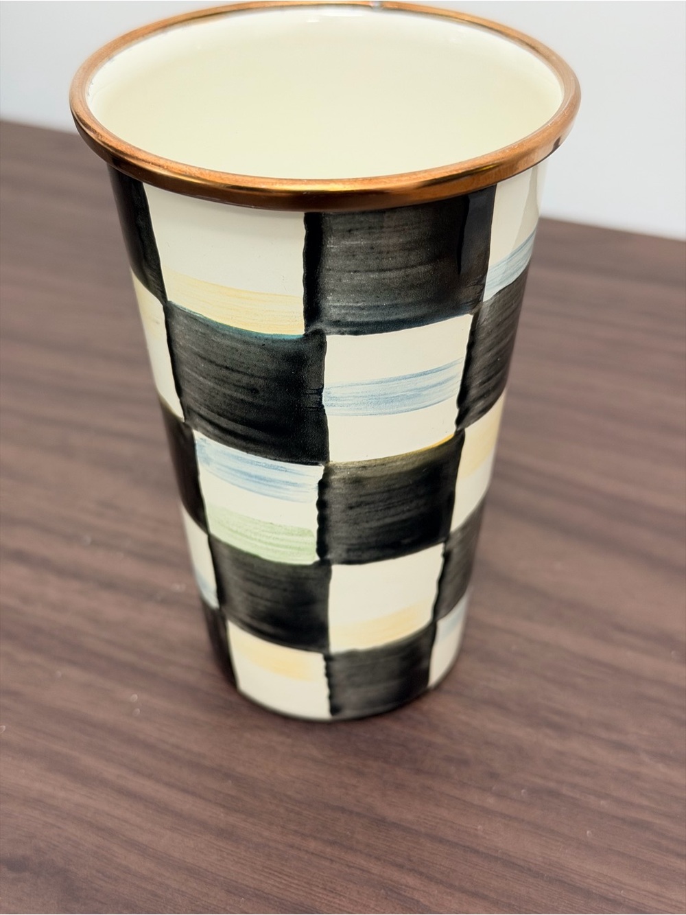 MacKenzie-Childs Checkered Ceramic Tumbler with Gold Rim